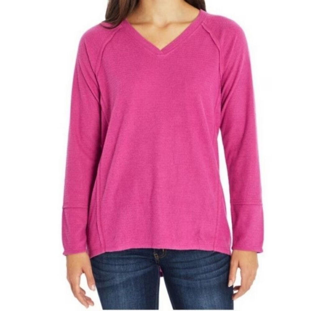 WILDFOX Haley Sweater Top XXL Pink Long Slv V-Neck Brushed Waffle Knit EUC B75